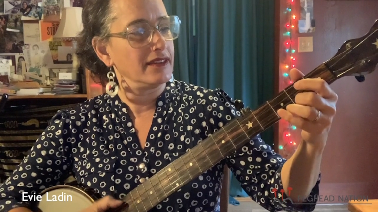 Clawhammer banjo instructor Evie Ladin in her Zoom workshop on Jam Essentials